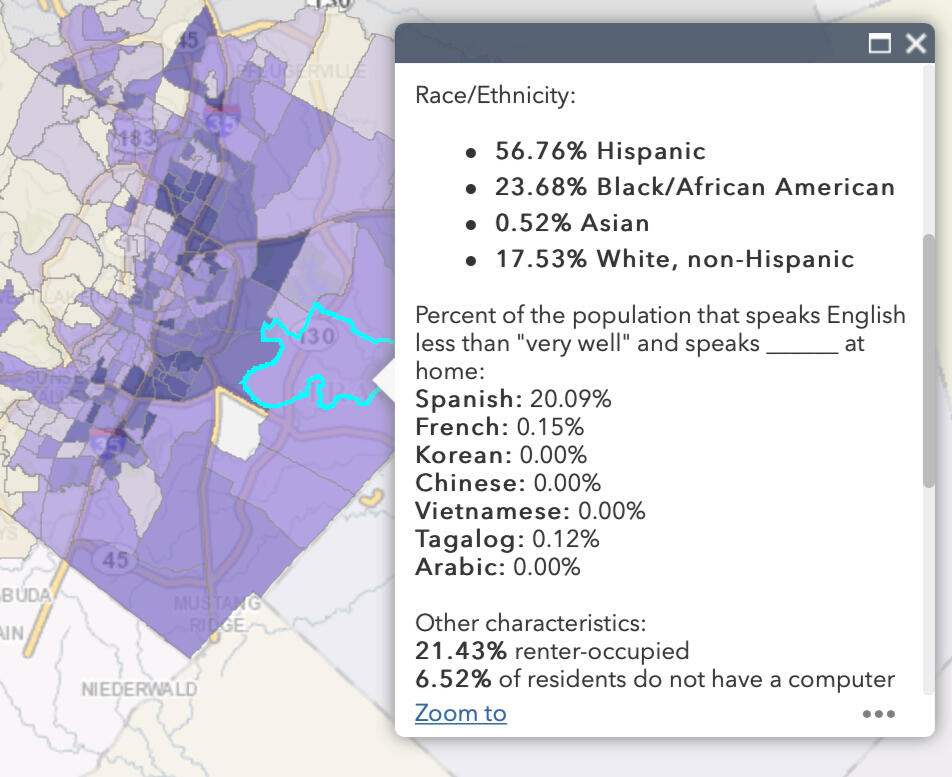 Map of Census Data in Travis County to help Travis County 2020 Census outreach planning.