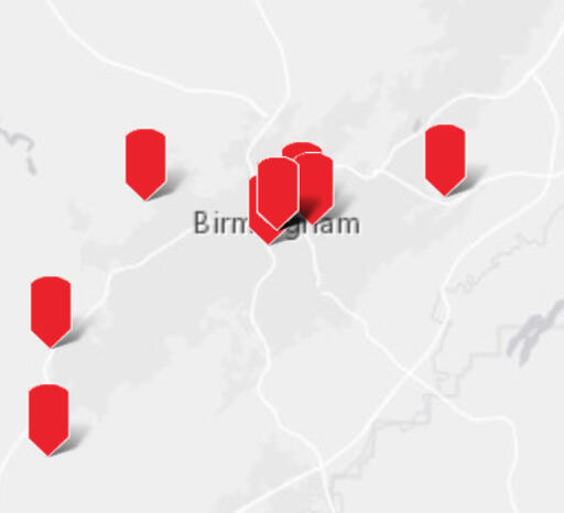 Map of lynchings for Jefferson County Memorial Project, a coalition that aims to document racial terror in Birmingham.