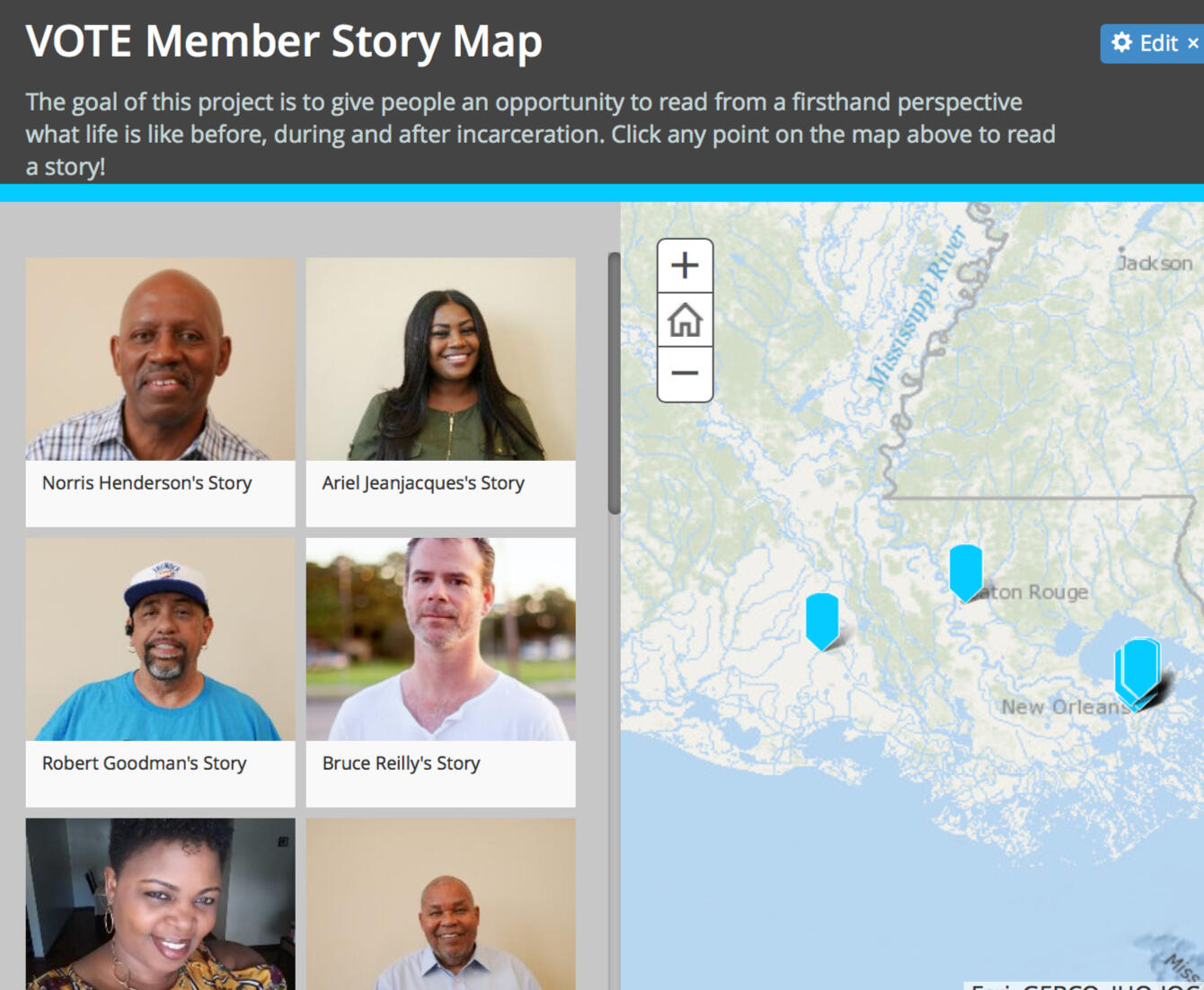 Story map of VOTE's formerly incarcerated members and allies.